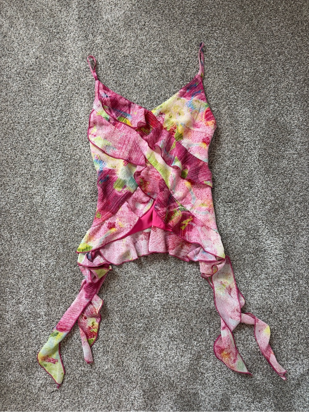 Pink Floral Ruffle Tie-Hem Camisole